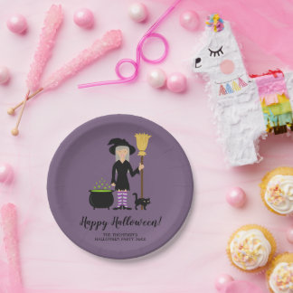 Cute Witch With A Cat Custom Halloween Event Text Paper Plates