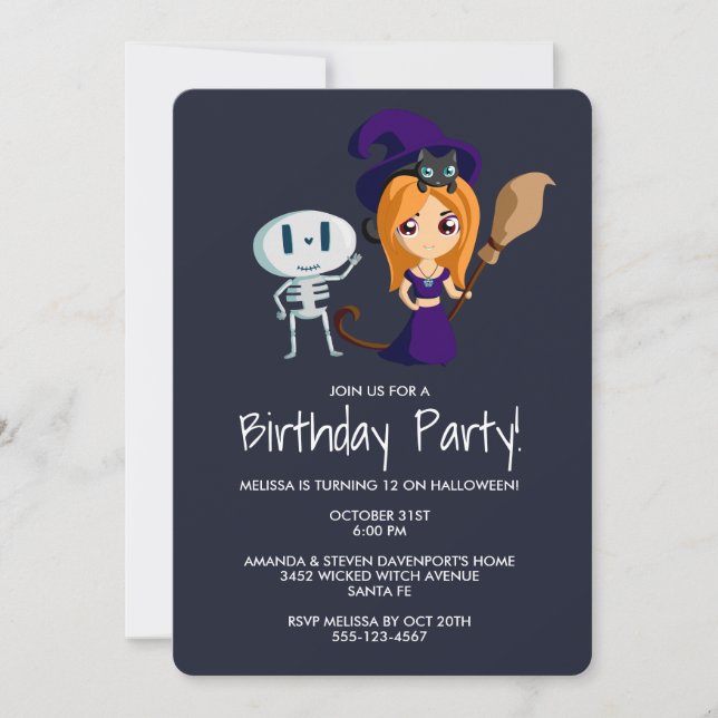 Cute Witch with Black Cat Birthday Party Invitation (Front)