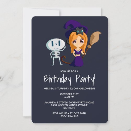 Cute Witch with Black Cat Birthday Party Invitation
