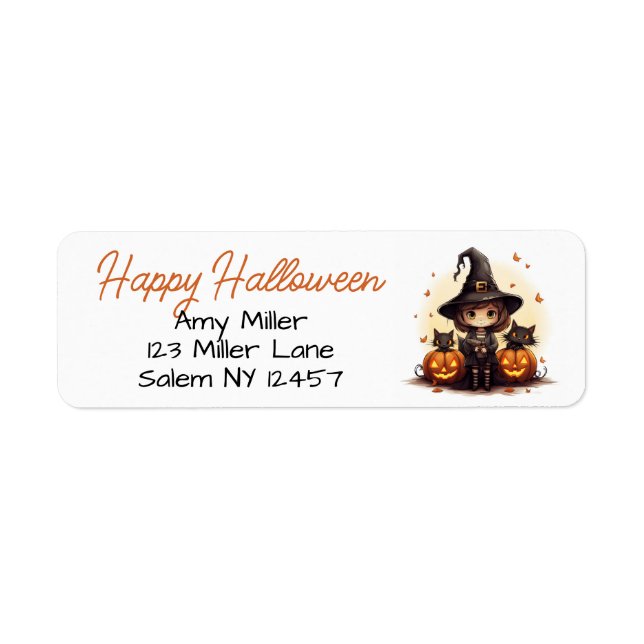 Cute Witch with Black Cats and Pumpkins Halloween Label (Front)