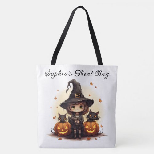 Cute Witch with Black Cats and Pumpkins Tote Bag