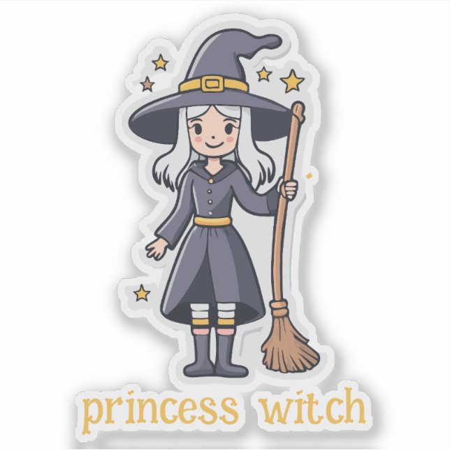 Cute Witch with Broom Sticker (Front)