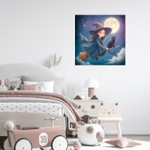 Cute Witch With Cat Metal Wall Art