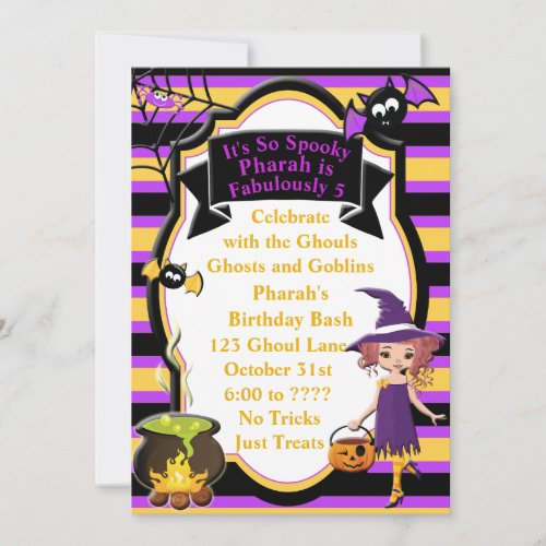 Cute Witch with Cauldron Halloween Birthday Invite