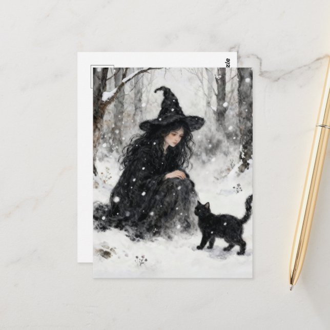 Cute Witch With Her Black Kitty Winter Watercolor Postcard (Front/Back In Situ)