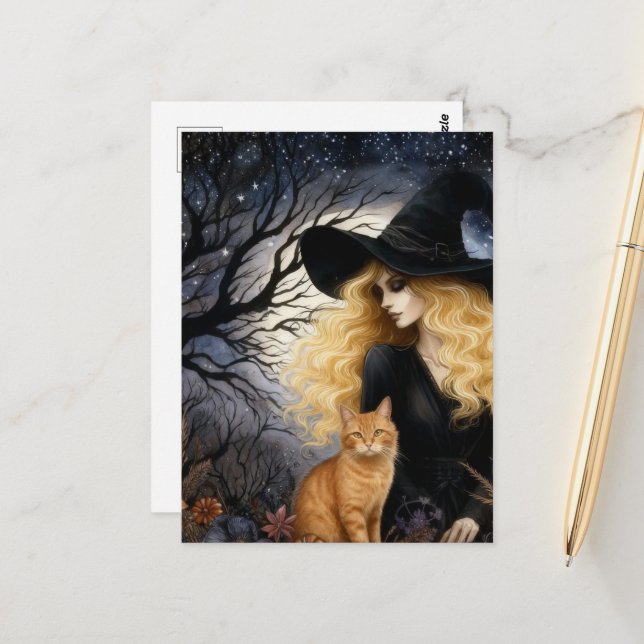 Cute Witch With Her Ginger Kitty Postcard (Front/Back In Situ)