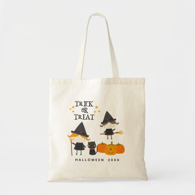 Cute witches and Pumpkin trick or treat halloween  Tote Bag (Front)