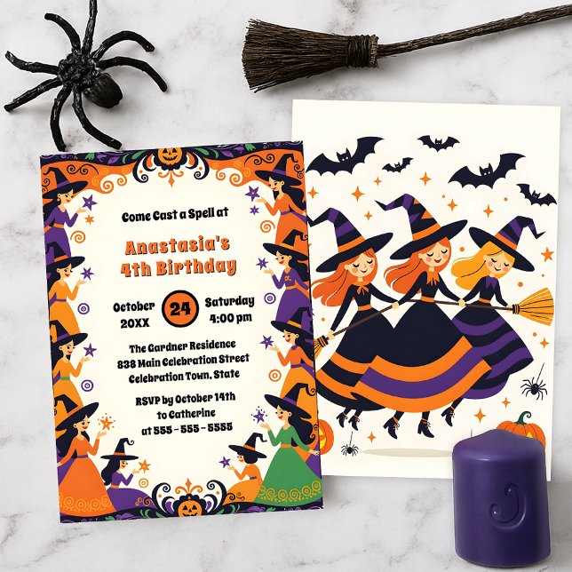 Cute Witches Girls Halloween October Birthday Invitation (Creator Uploaded)