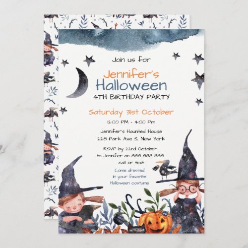 Cute Witches Kids Birthday Halloween Invitation