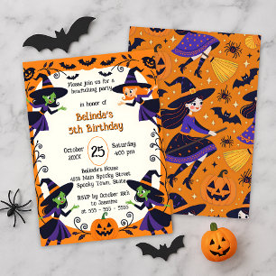 Cute Witches Orange Halloween Kids Birthday Party Invitation