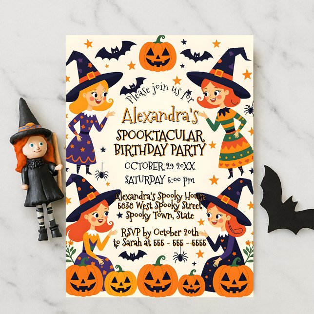 Cute Witches & Pumpkin Patch Halloween Birthday Invitation (Creator Uploaded)