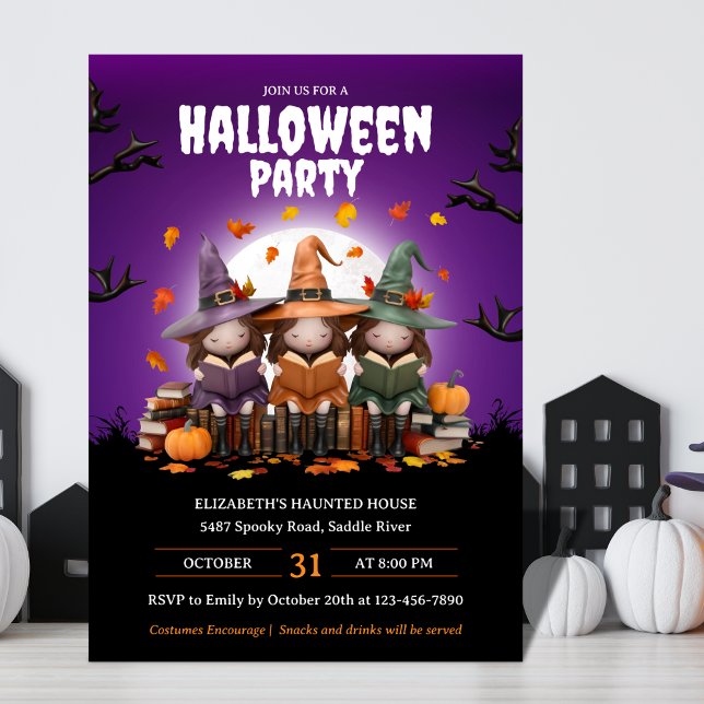 Cute Witches Reading Books Kids Costume Halloween  Invitation (Creator Uploaded)