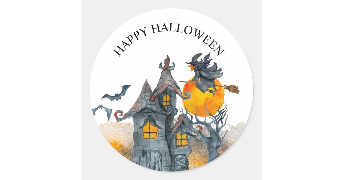 Cute witches spooky haunted house Halloween Classic Round Sticker | Zazzle
