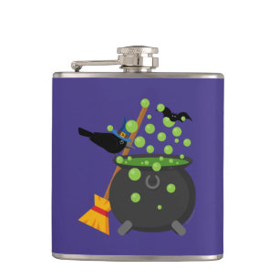 Cute Witch's Crow Looking Into A Bubbling Cauldron Flask