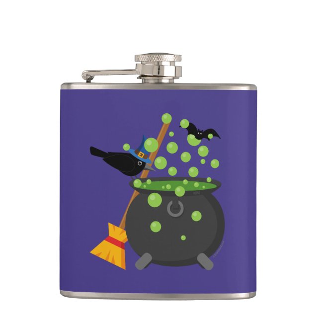 Cute Witch's Crow Looking Into A Bubbling Cauldron Flask (Front)