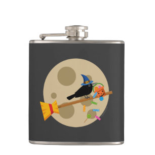 Cute Witch's Crow On A Broom Spreading Candies Flask