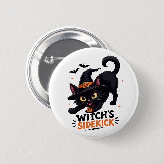 Cute Witch's Sidekick Black Cat Halloween Button (Front & Back)