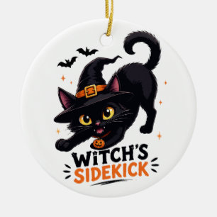 Cute Witch's Sidekick Black Cat Halloween Ceramic Ornament