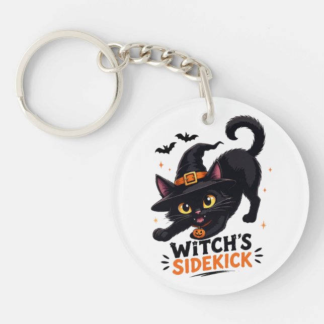 Cute Witch's Sidekick Black Cat Halloween Keychain (Front)