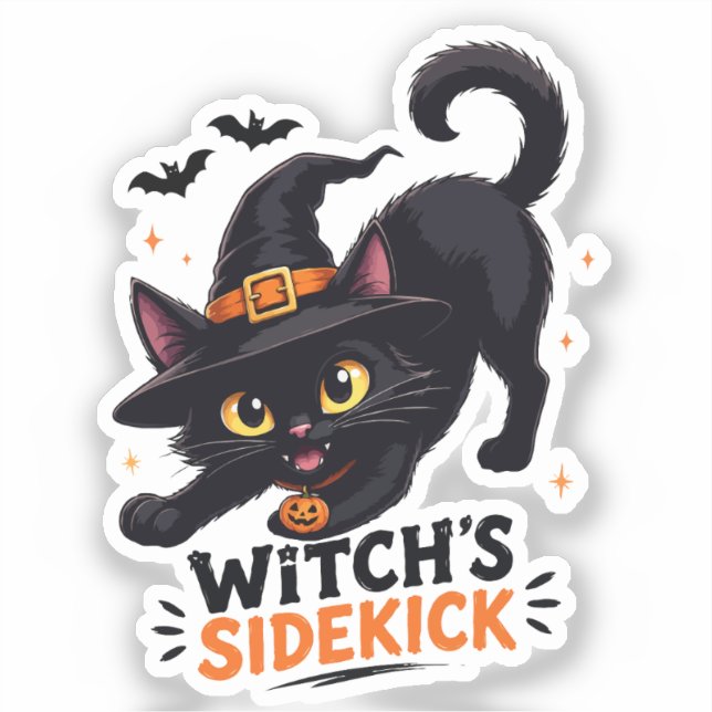 Cute Witch's Sidekick Black Cat Halloween Sticker (Front)