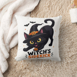 Cute Witch's Sidekick Black Cat Halloween Throw Pillow