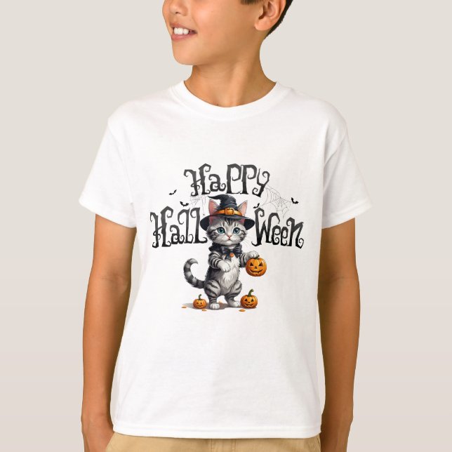 Cute Witchy Cat Halloween T-Shirt (Front)