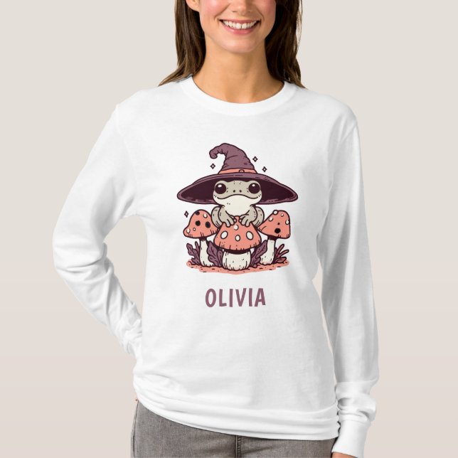 Cute Witchy Frog on Mushrooms T-Shirt (Front)