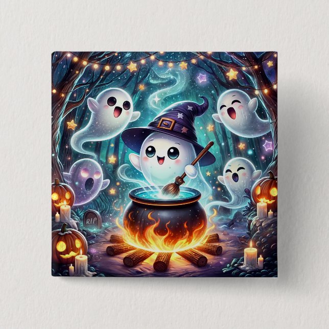 Cute Witchy Ghost Halloween Party Favor  Button (Front)