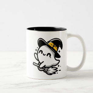 Cute Witchy Ghost on Broom Halloween Mug Two-Sid