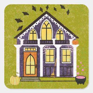 Cute Witchy Haunted Halloween Cottage Square Sticker