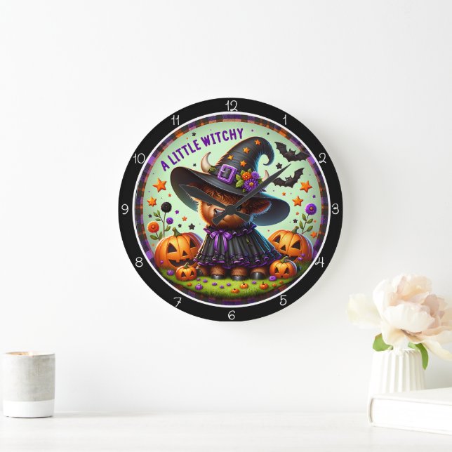 Cute Witchy Highland Cow  Large Clock (Home)