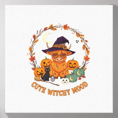 Cute Witchy Mood Halloween Highland Cow Black Cat Canvas Photo Tile