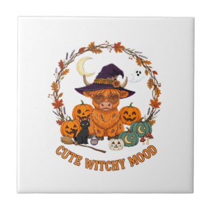Cute Witchy Mood Halloween Highland Cow Black Cat Ceramic Tile