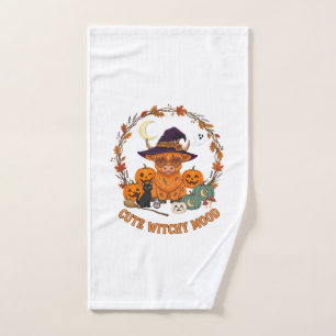 Cute Witchy Mood Halloween Highland Cow Black Cat Hand Towel