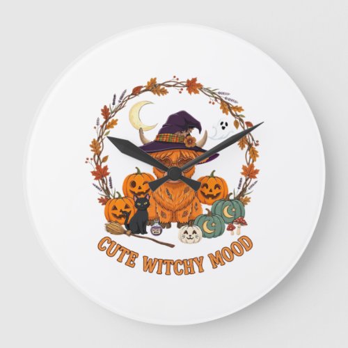 Cute Witchy Mood Halloween Highland Cow Black Cat Large Clock