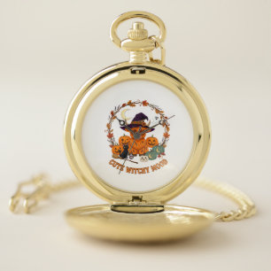 Cute Witchy Mood Halloween Highland Cow Black Cat Pocket Watch