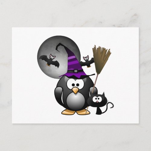Cute Witchy Penguin with Halloween Scene Postcard