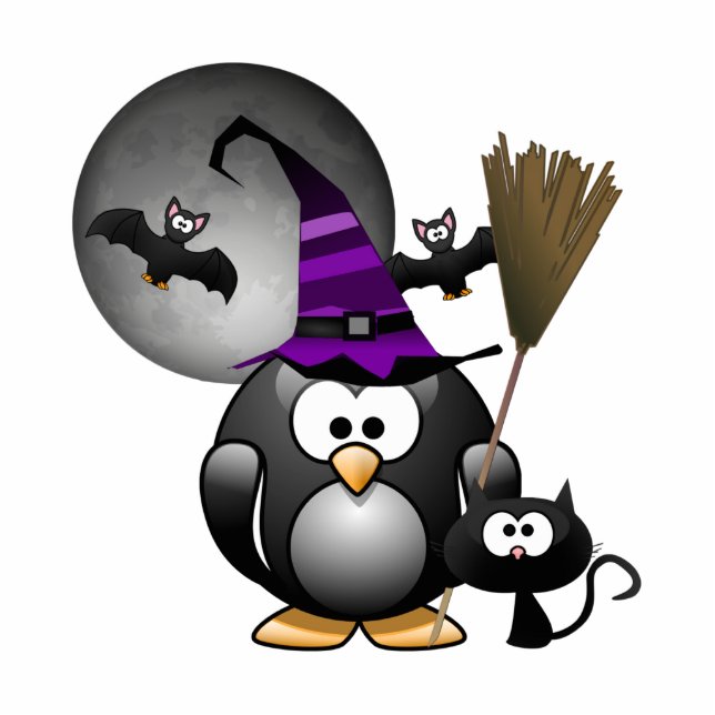 Cute Witchy Penguin with Halloween Scene Statuette (Front)