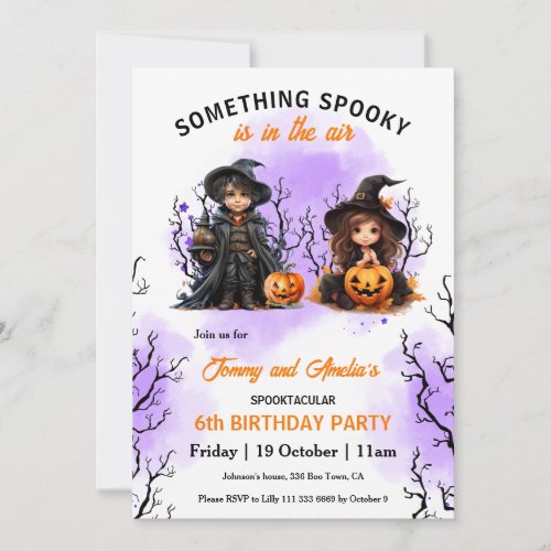 Cute Wizard and Witch Twin Halloween Birthday Invitation