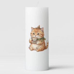 Cute Wizard Cat Drinking Tea Vintage Watercolor Ar Pillar Candle