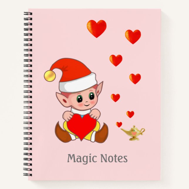 Cute wizard elf with love hearts on light pink notebook (Front)