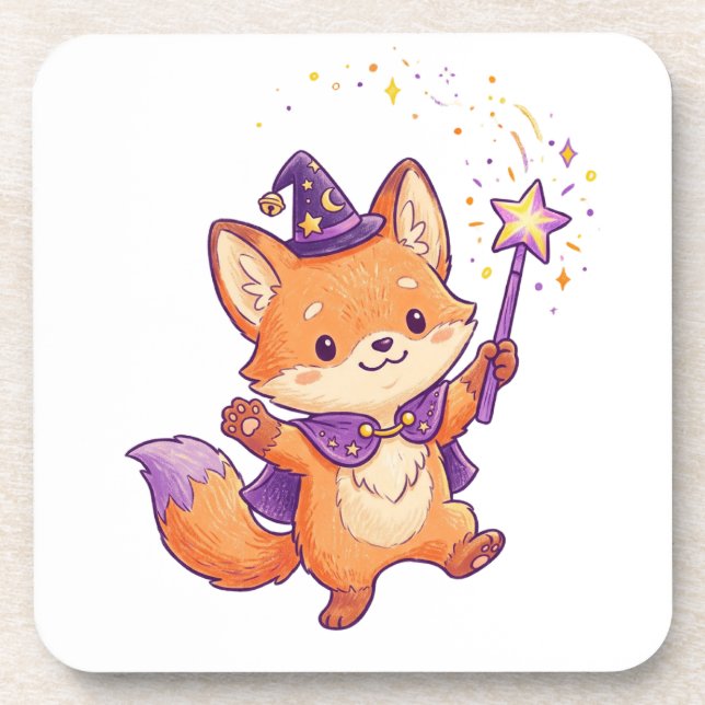 Cute Wizard Fox Casting Magic Spell Halloween Colo Beverage Coaster (Front)