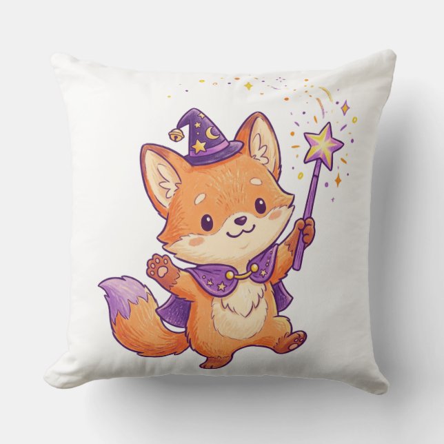 Cute Wizard Fox Casting Magic Spell Halloween Colo Throw Pillow (Front)
