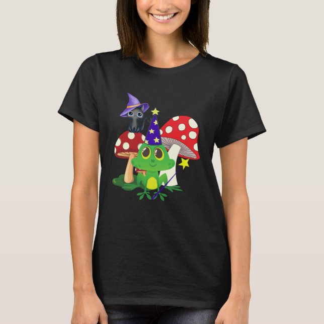 Cute Wizard Frog and Witch Black Cat Mushrooms Hal T-Shirt (Front)