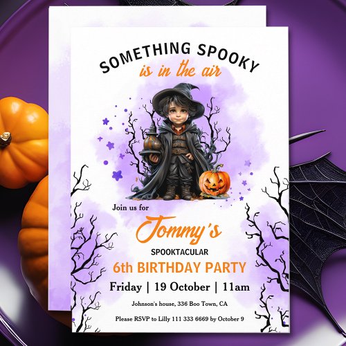 Cute Wizard Purple Orange Halloween Birthday Invitation