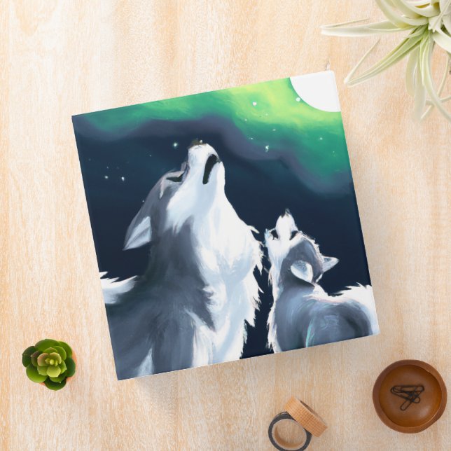 Cute Wolf and Pup Howl at Full Moon 3 Ring Binder (In Situ)