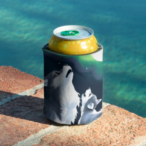 Cute Wolf and Pup Howl at Full Moon Can Cooler