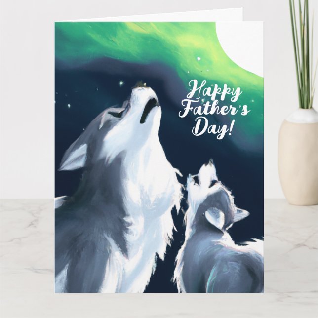 Cute Wolf and Pup Howl at Full Moon Father's Day Card (Front)