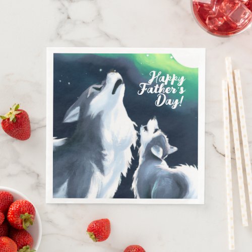 Cute Wolf and Pup Howl at Full Moon Fathers Day Paper Dinner Napkins