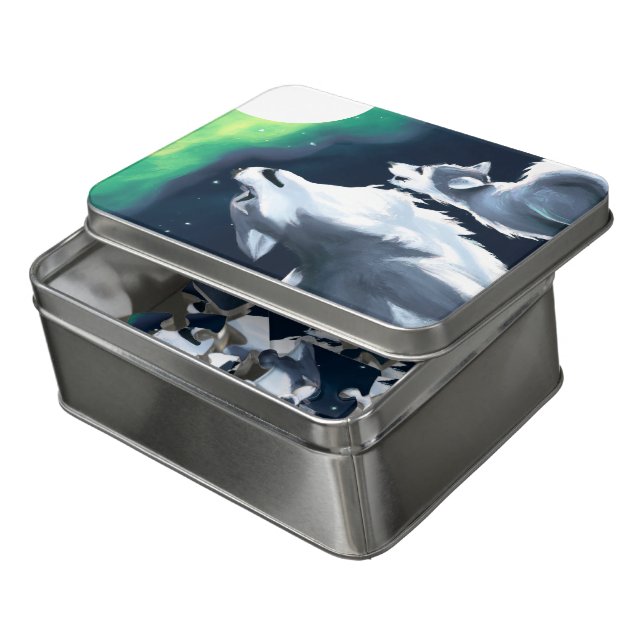 Cute Wolf and Pup Howl at Full Moon Jigsaw Puzzle (Lid Open)